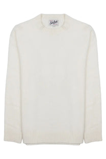 Cream-colored finely knitted crewneck sweater with subtle ribbed texture and branded label at neckline by Mc2 Saint Barth