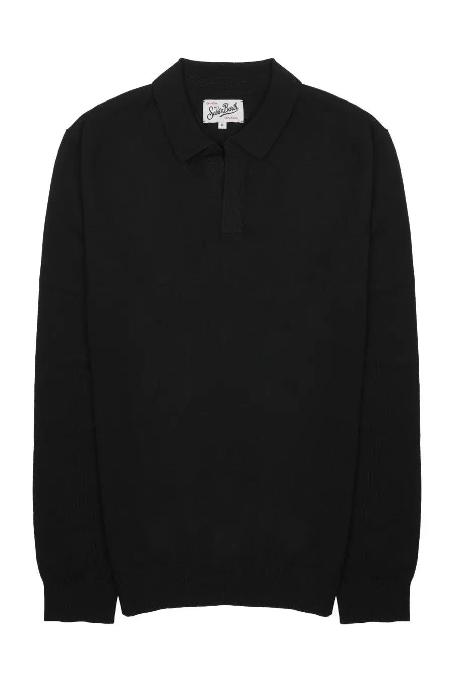 Mc2 Saint Barth men’s black long-sleeved polo shirt with classic collar ribbed cuffs and white neckline label