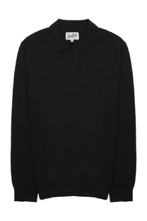 Mc2 Saint Barth men’s black long-sleeved polo shirt with classic collar ribbed cuffs and white neckline label