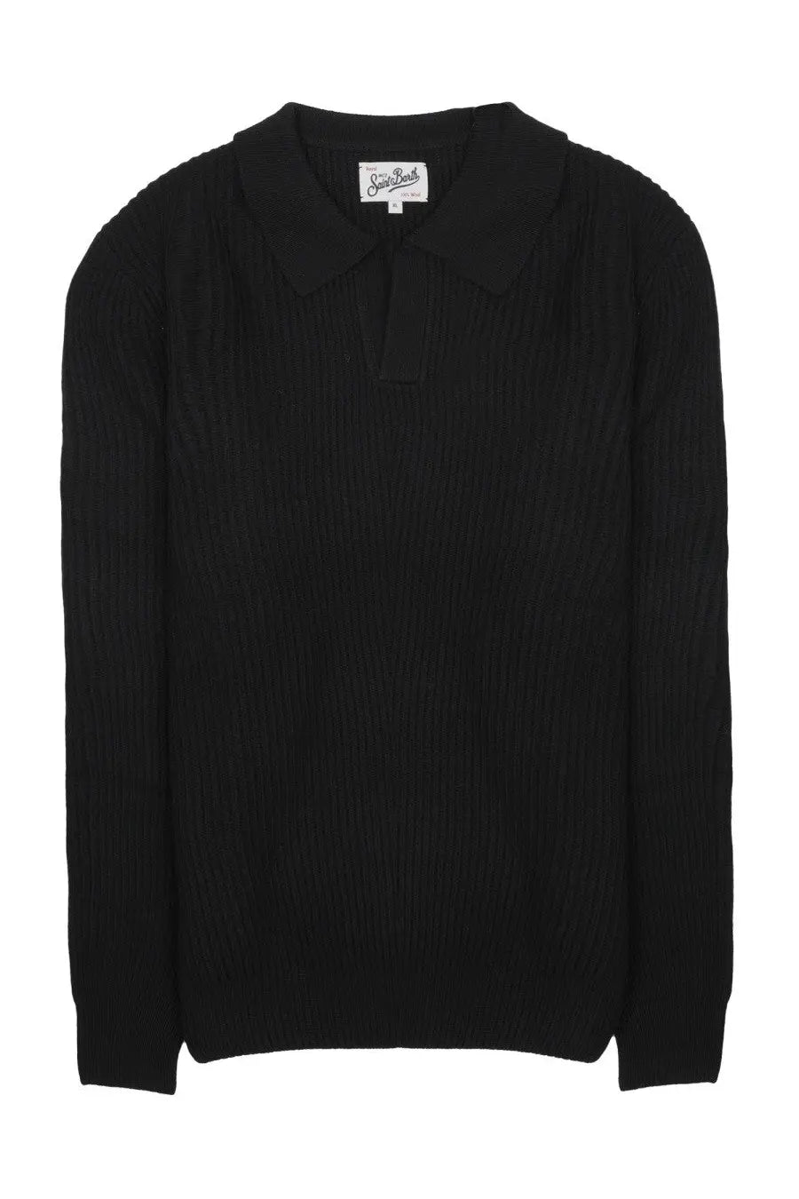 Black ribbed knit polo sweater with classic collar and button placket by mc2 saint barth for men