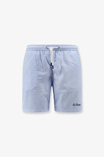 Mc2 Saint Barth men’s nylon blend swim boxer shorts in light blue and white gingham pattern with drawstring waistband