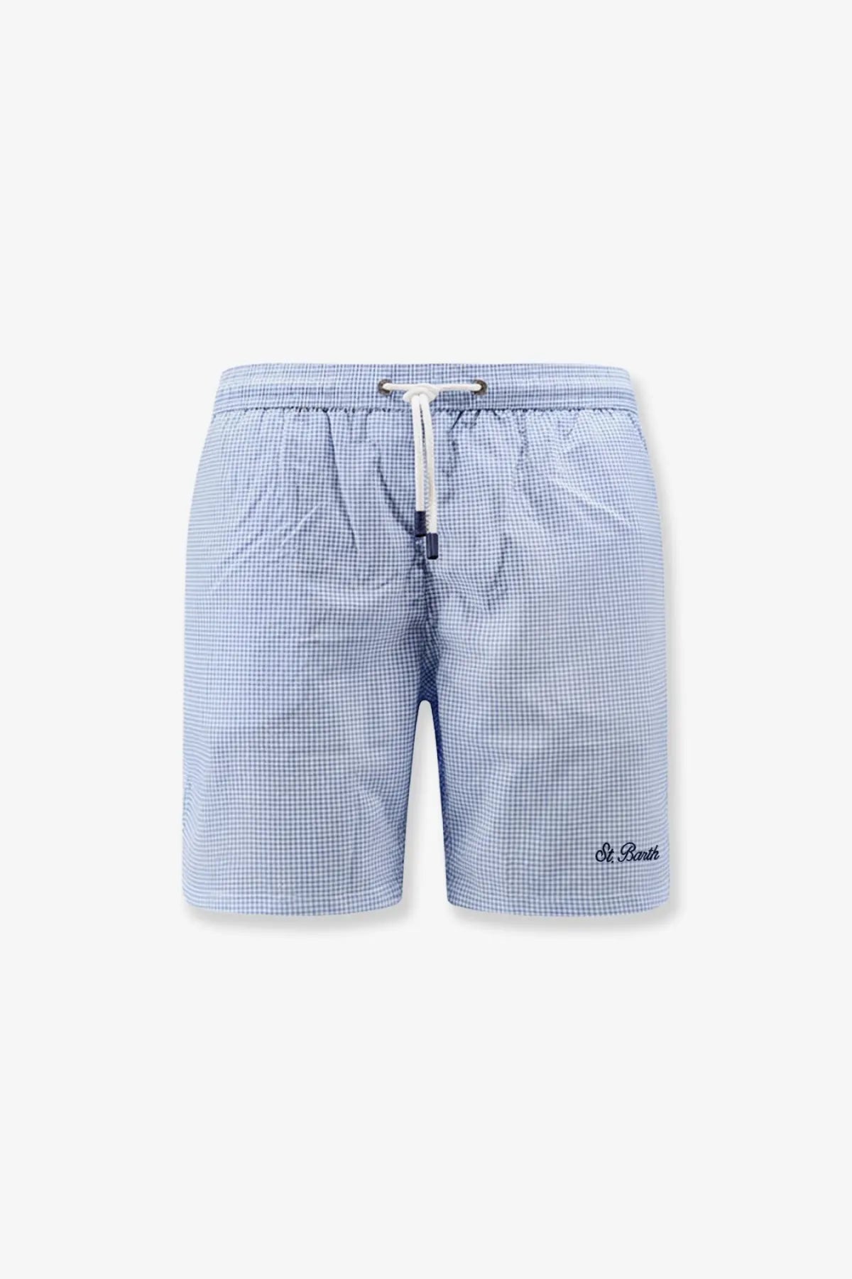 Mc2 Saint Barth men’s nylon blend swim boxer shorts in light blue and white gingham with drawstring waistband