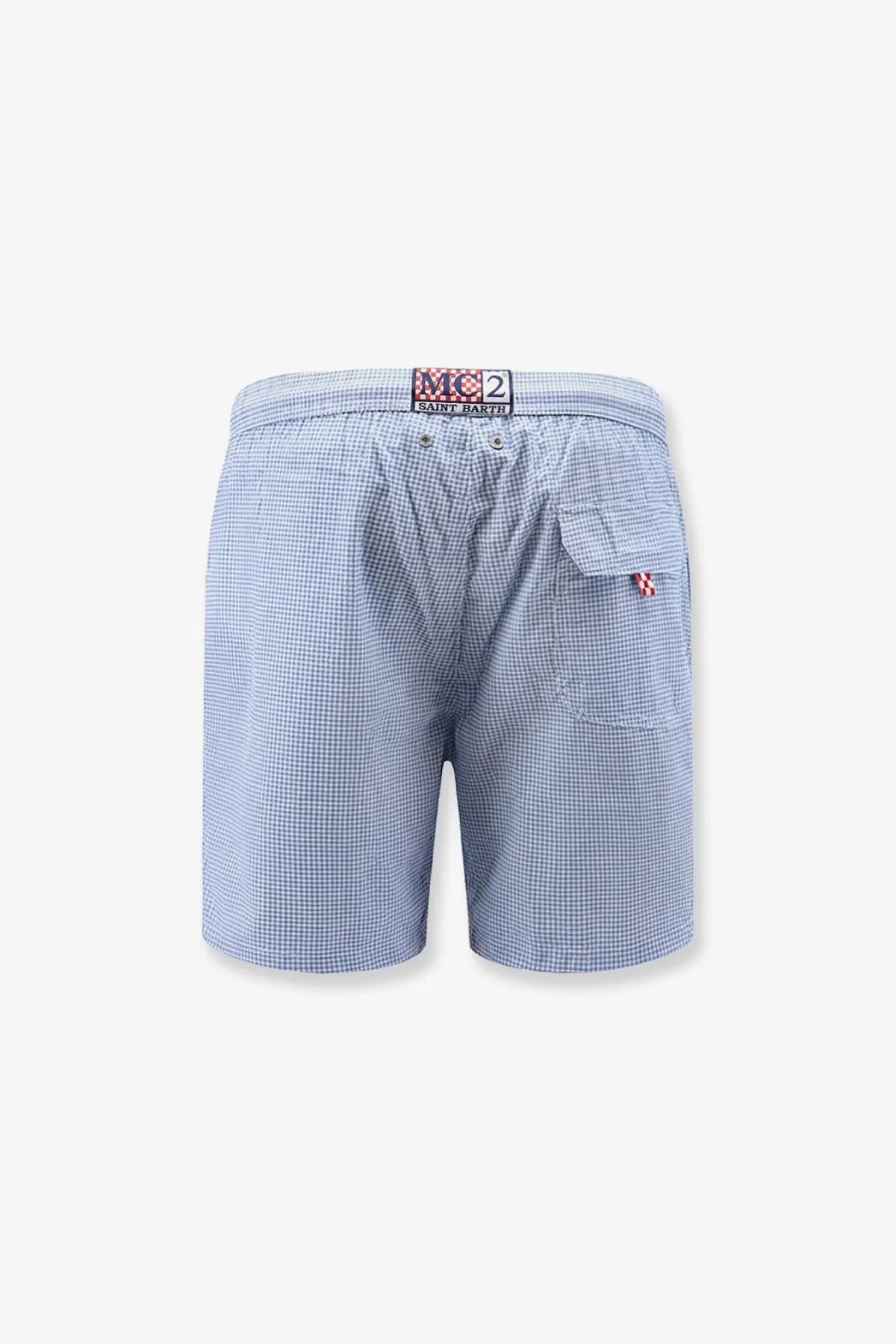 Mc2 saint barth men’s blue and white checkered nylon blend swim boxer shorts with branded waistband label