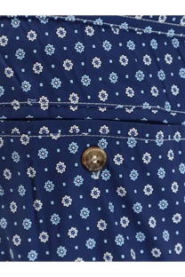 Mc2 saint barth men’s nylon swim shorts blue with dark blue fabric, small white and light blue flowers, and round brass button
