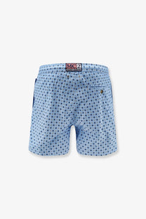 Light blue mc2 saint barth men’s nylon swim shorts with dark blue geometric pattern and branded waistband label