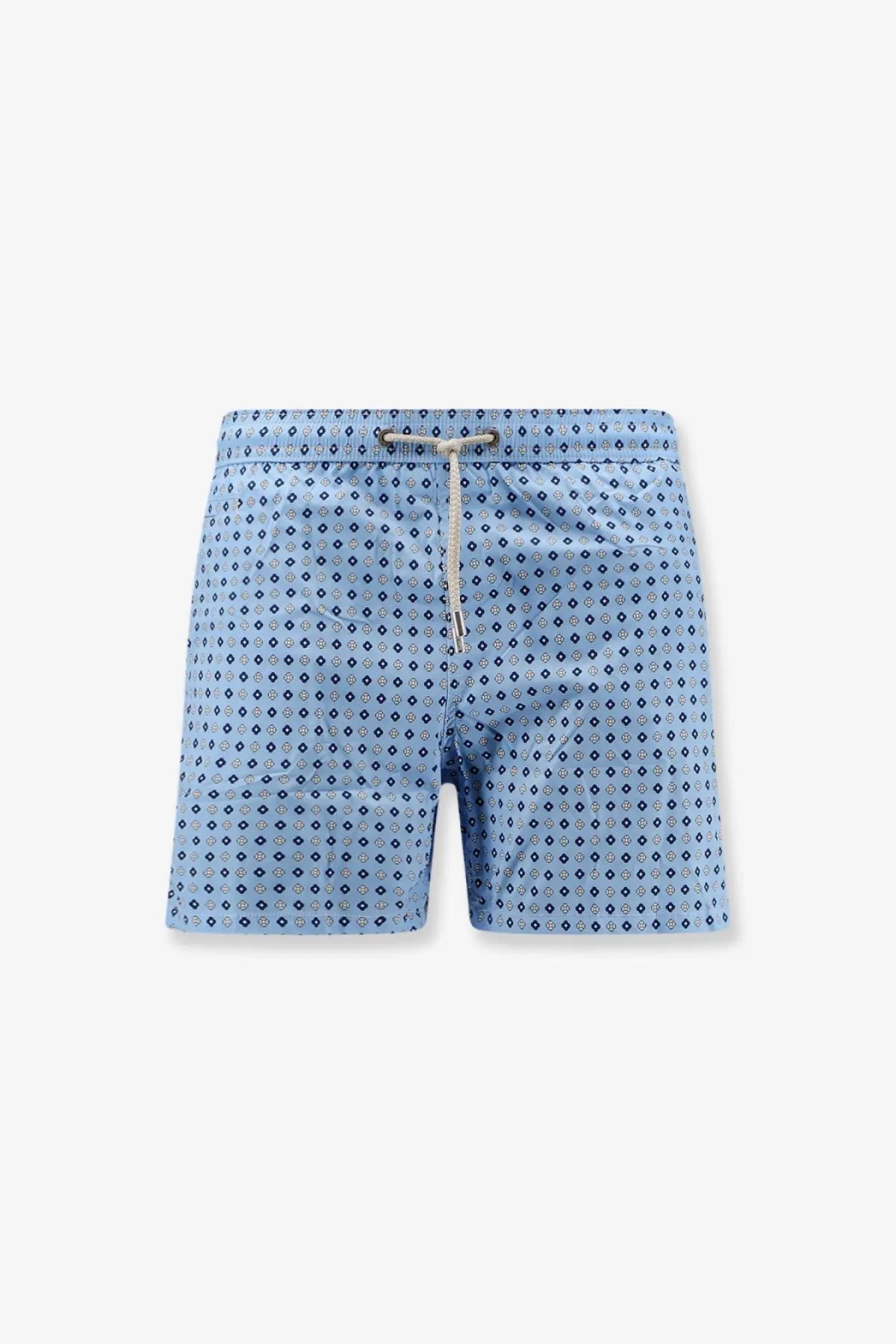 Mc2 Saint Barth men’s nylon swim shorts blue with light blue color navy geometric pattern and matching drawstring waistband