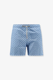 Mc2 Saint Barth men’s nylon swim shorts blue with light blue color navy geometric pattern and matching drawstring waistband