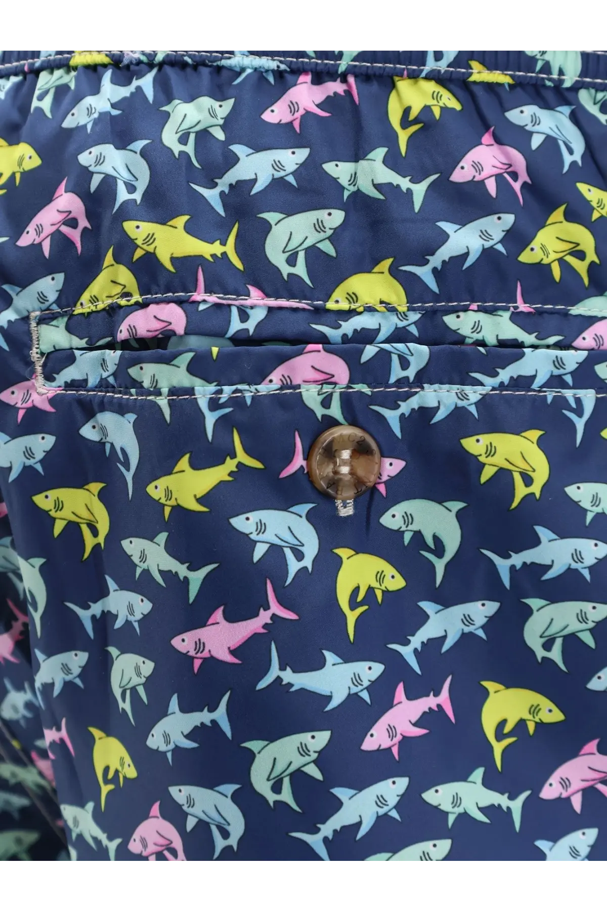 Mc2 saint barth men’s nylon swim shorts in navy blue with a playful multicolored shark pattern for beachwear