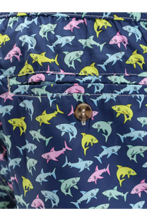 Mc2 saint barth men’s nylon swim shorts in navy blue with a playful multicolored shark pattern for beachwear