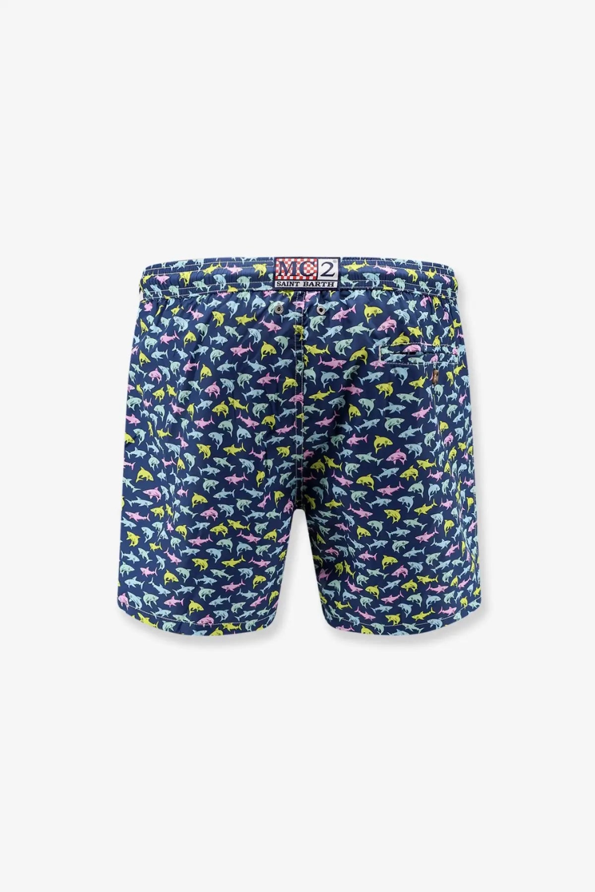 Navy blue Mc2 Saint Barth men’s nylon swim shorts with a playful multicolored shark pattern in pink yellow and gray