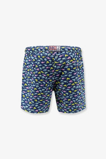 Navy blue Mc2 Saint Barth men’s nylon swim shorts with a playful multicolored shark pattern in pink yellow and gray