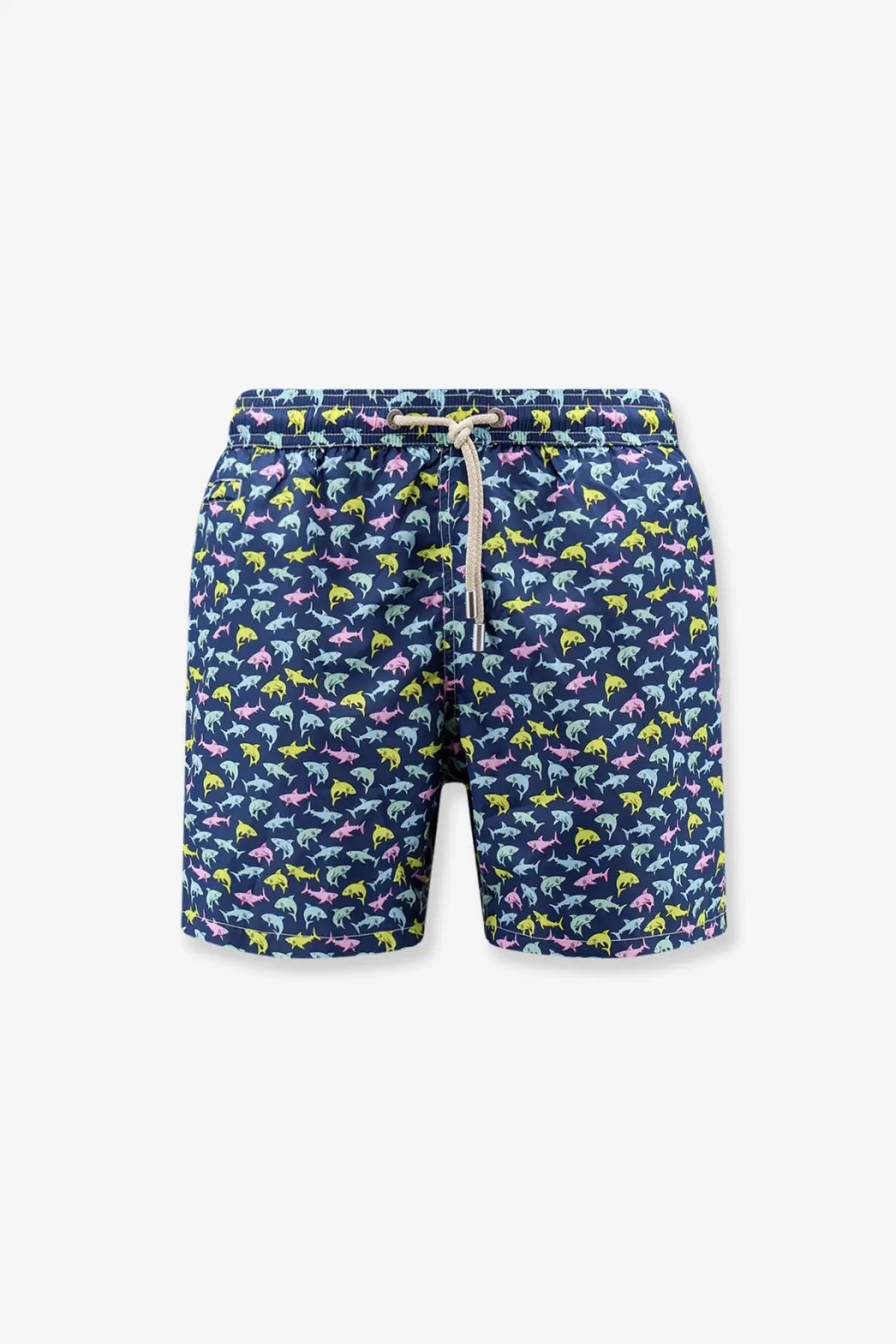 Navy blue nylon swim shorts by Mc2 Saint Barth featuring a playful multicolored shark pattern for men