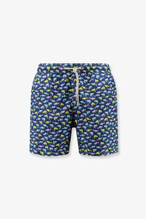Navy blue nylon swim shorts by Mc2 Saint Barth featuring a playful multicolored shark pattern for men