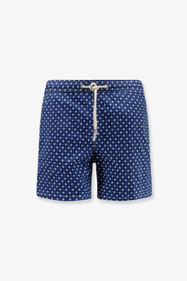 Mc2 Saint Barth men’s nylon swim shorts in navy blue with white geometric dots and matching drawstring waistband