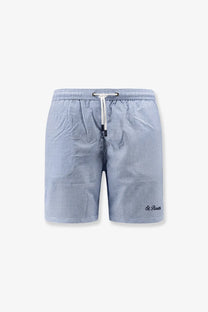 Mc2 Saint Barth men’s nylon swim shorts in blue with white checkered pattern and drawstring waistband