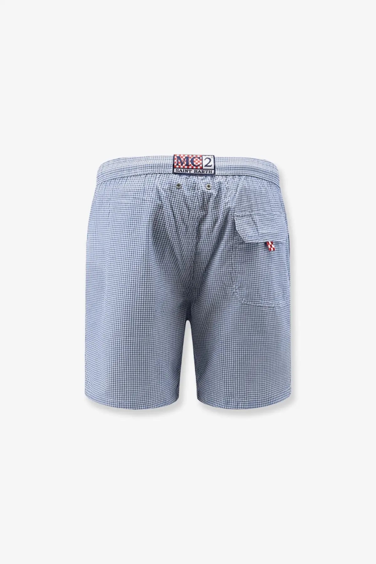 Blue and white checkered nylon swim shorts for men by mc2 saint barth with branded waistband label