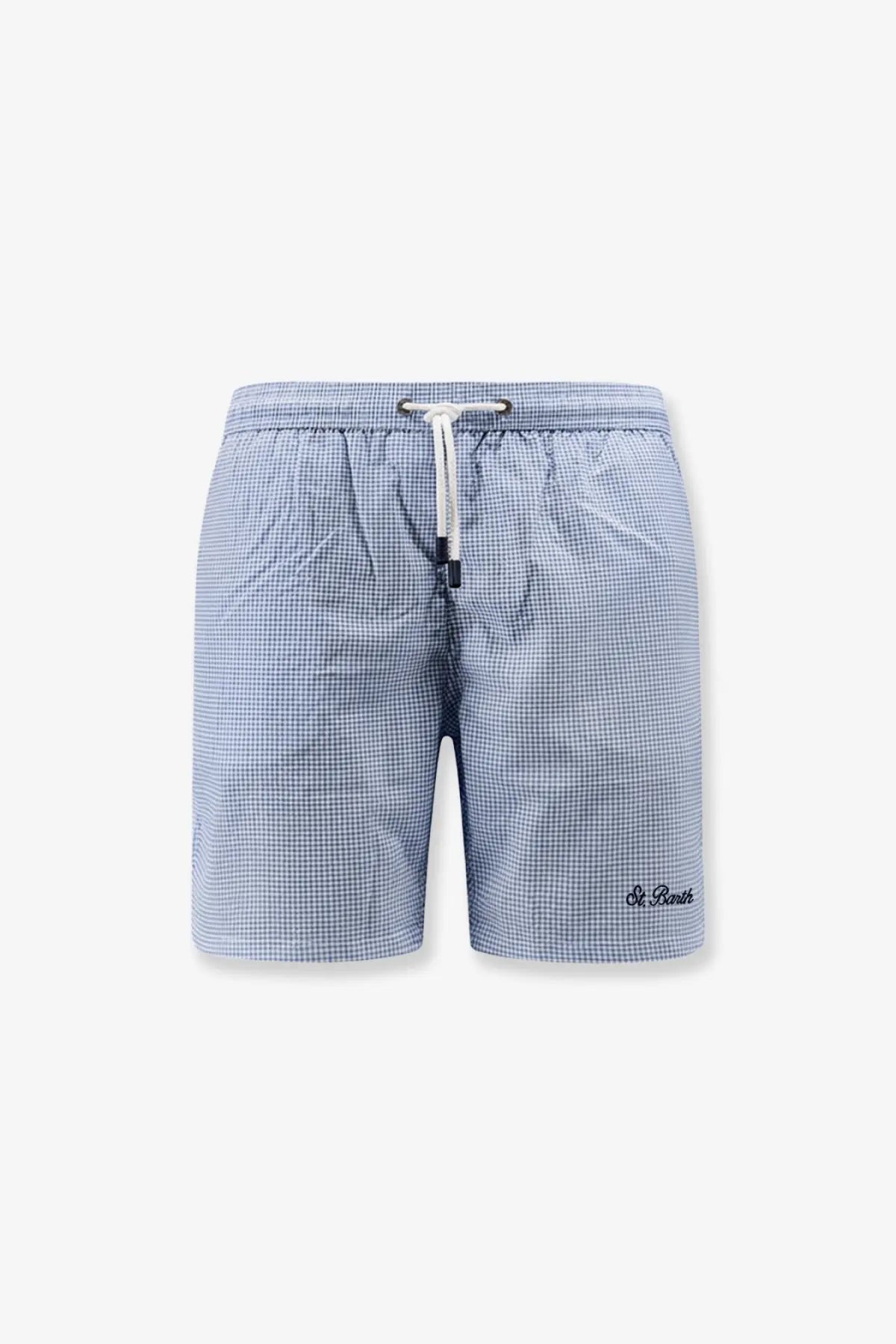 Mc2 saint barth men’s blue and white checkered nylon swim shorts with drawstring waistband