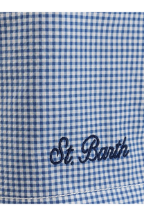 Blue and white gingham nylon fabric detail on the st back of mc2 saint barth men’s swim shorts blue