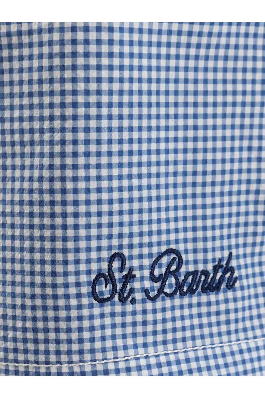 Blue and white gingham nylon swim shorts with st detail from mc2 saint barth for men