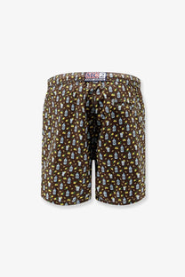Mc2 Saint Barth men’s brown nylon swim shorts featuring a repeating pattern of white and yellow beer bottles with lemon slices