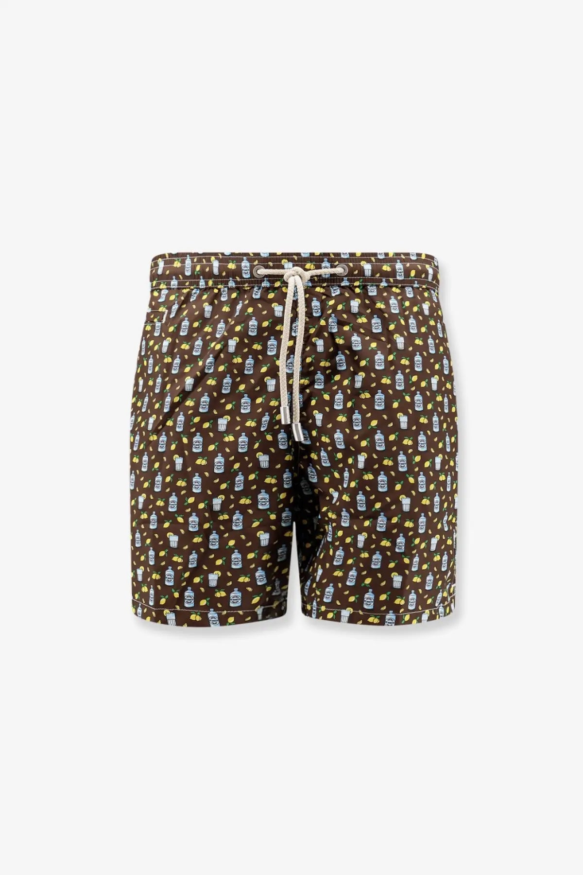 Mc2 Saint Barth men’s brown nylon swim shorts with white and yellow cocktail-themed pattern