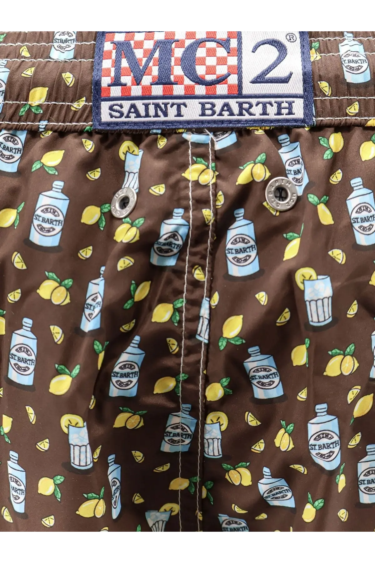 Brown mcc2 saint barth men’s nylon swim shorts with playful light blue st pattern for beachwear