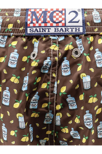 Brown mcc2 saint barth men’s nylon swim shorts with playful light blue st pattern for beachwear