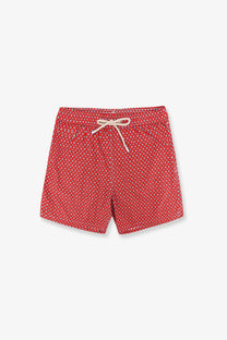 Mc2 Saint Barth men’s nylon swim shorts in red with white polka dots and a beige drawstring waistband