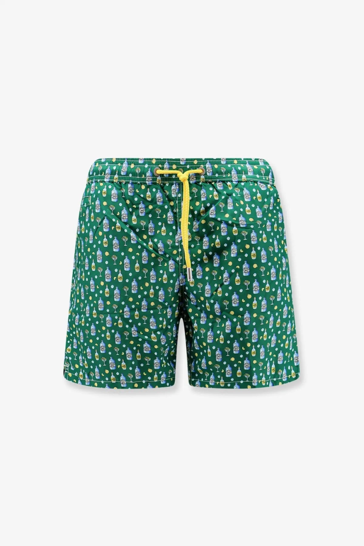 Mc2 saint barth men’s nylon swim trunks green with playful yellow and light blue cocktail bottle and lime slice pattern