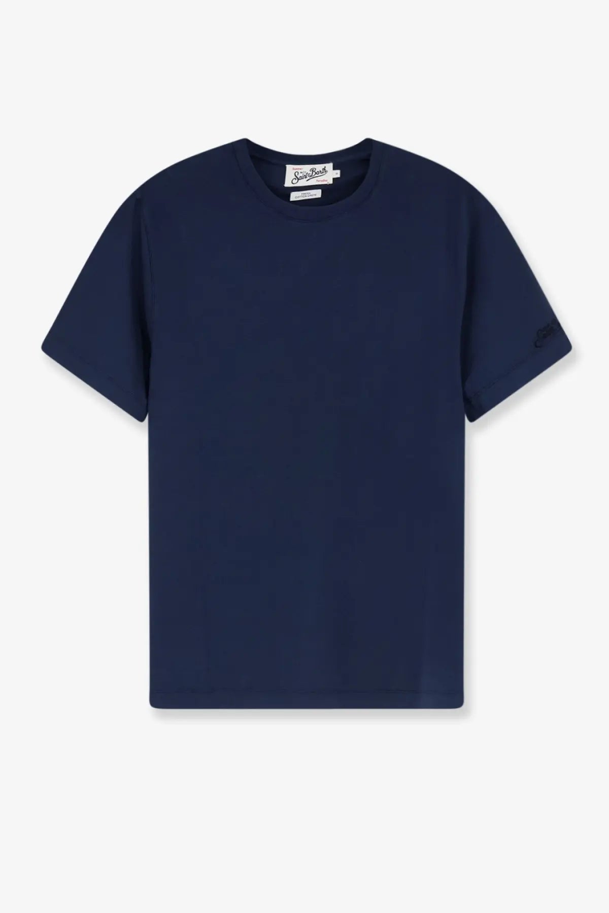 Navy blue mc2 saint barth men’s orson cotton short-sleeved crew neck t-shirt with collar tag and sleeve logo