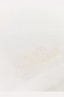 Cream-colored sneaker bunk logo embroidered in cursive on soft white fabric of mc2 saint barth men’s orson cotton shirt