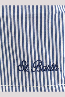 A navy blue and white vertically striped fabric detail of mc2 saint barth men’s patmos swim trunks blue with st logo