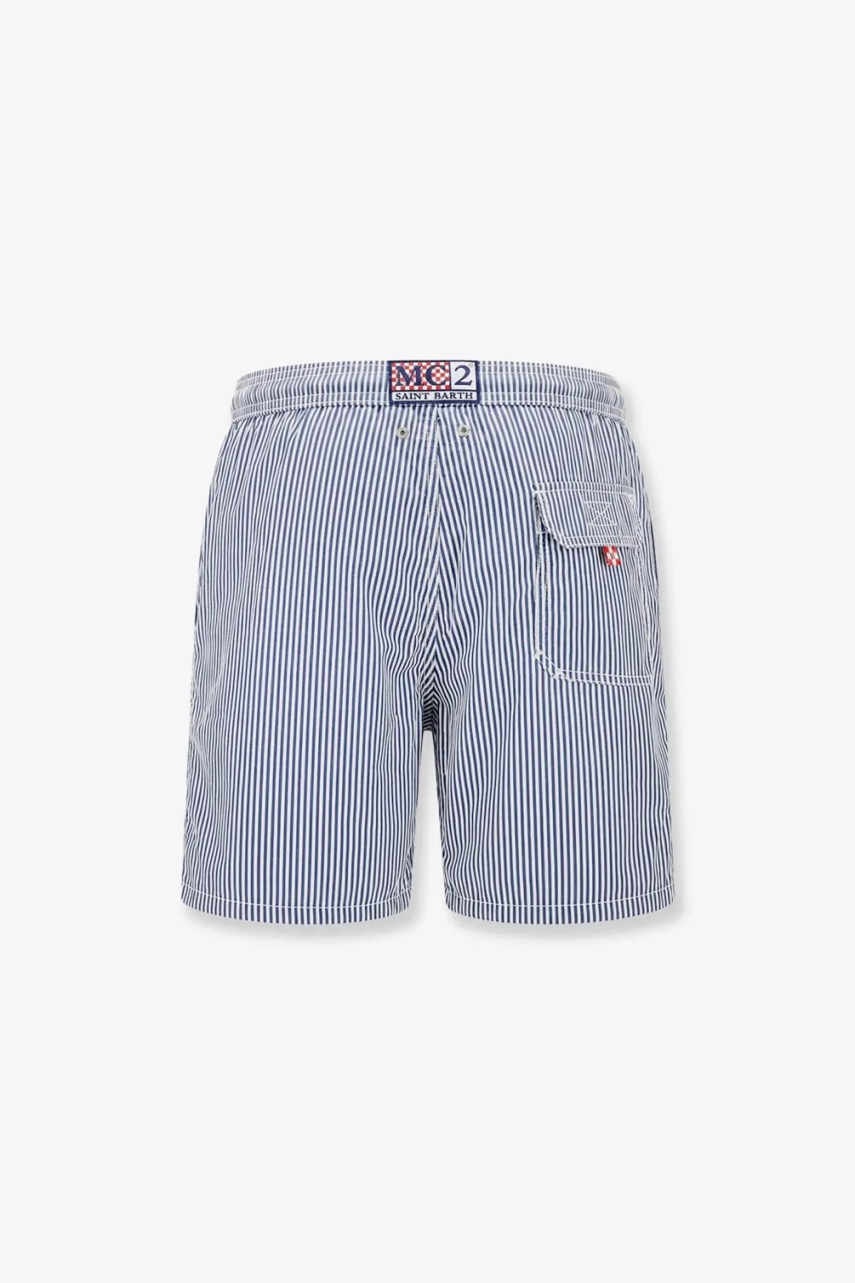 Mc2 Saint Barth men’s Patmos swim trunks in blue with white stripes and branded label at the waistband