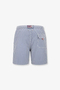 Mc2 Saint Barth men’s Patmos swim trunks in blue with white stripes and branded label at the waistband