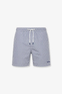 Mc2 Saint Barth men’s Patmos swim trunks in blue with white vertical stripes and a drawstring waistband