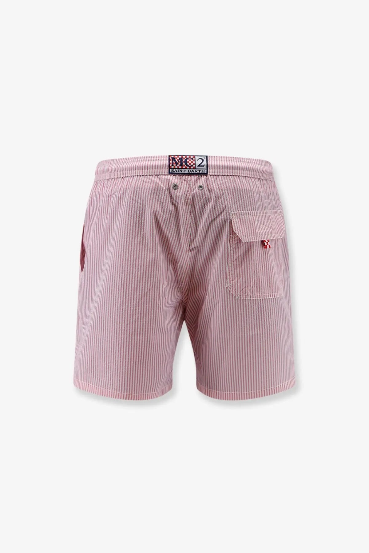 Pink and white striped cotton swim trunks with branded waistband label from mc2 saint barth men’s patmos collection