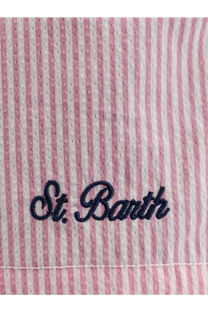 Pink and white striped mesh fabric with navy blue embroidered st detail on mc2 saint barth men’s patmos swim trunks