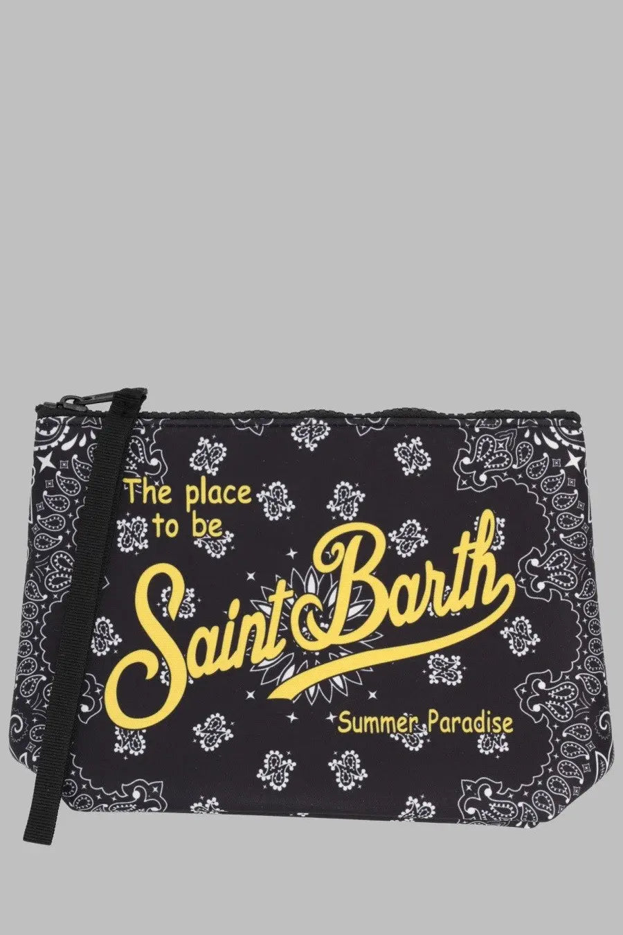 Mc2 saint barth men’s pochette aline black clutch with white bandana pattern and bold yellow saint barth summer paradise text