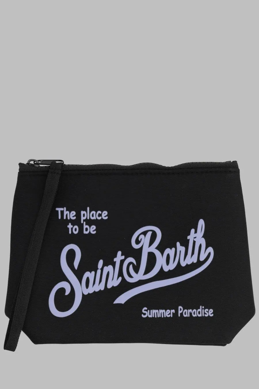 Black fabric pouch with white saint barth summer paradise graphic and zipper closure from mc2 saint barth men’s pochette aline black