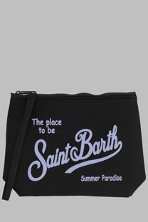 Black fabric pouch with white saint barth summer paradise graphic and zipper closure from mc2 saint barth men’s pochette aline black