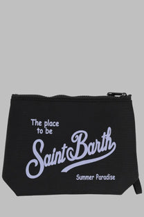 Mc2 Saint Barth men’s black zippered pouch with white cursive Saint Barth summer paradise text and small pull tab
