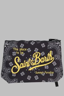 Mc2 Saint Barth men’s black zippered pouch with white bandana pattern and yellow saint barth summer paradise text