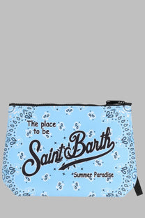 Mc2 saint barth men’s pochette aline blue light blue bandana patterned pouch with black zipper and summer paradise text