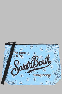 Mc2 Saint Barth men’s pochette Aline blue light blue fabric pouch with black zipper wrist strap and bandana pattern design