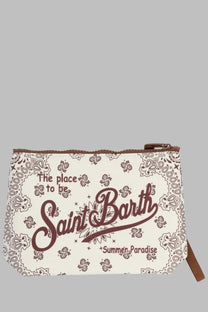 Cream-colored mc2 saint barth men’s pochette aline pouch with brown bandana print and maroon summer paradise text