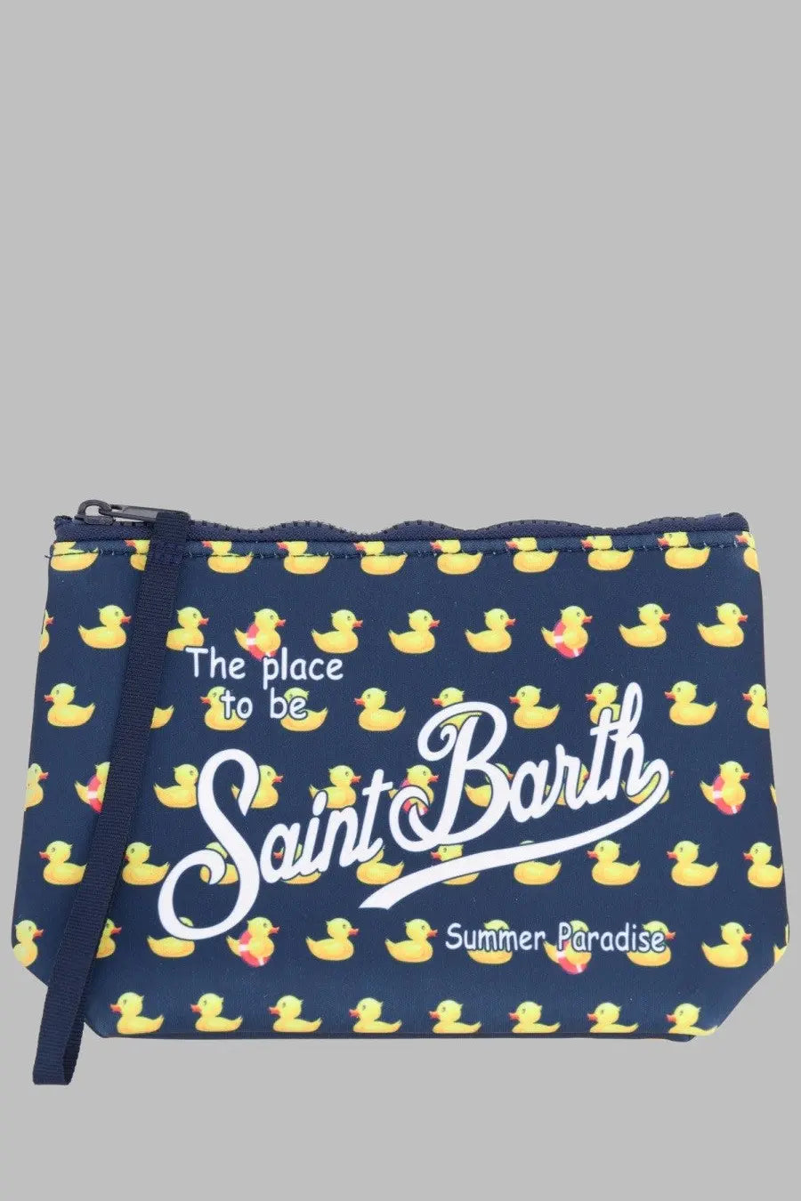 Mc2 Saint Barth men’s navy blue wristlet pochette with yellow rubber duck pattern and white cursive text summer paradise
