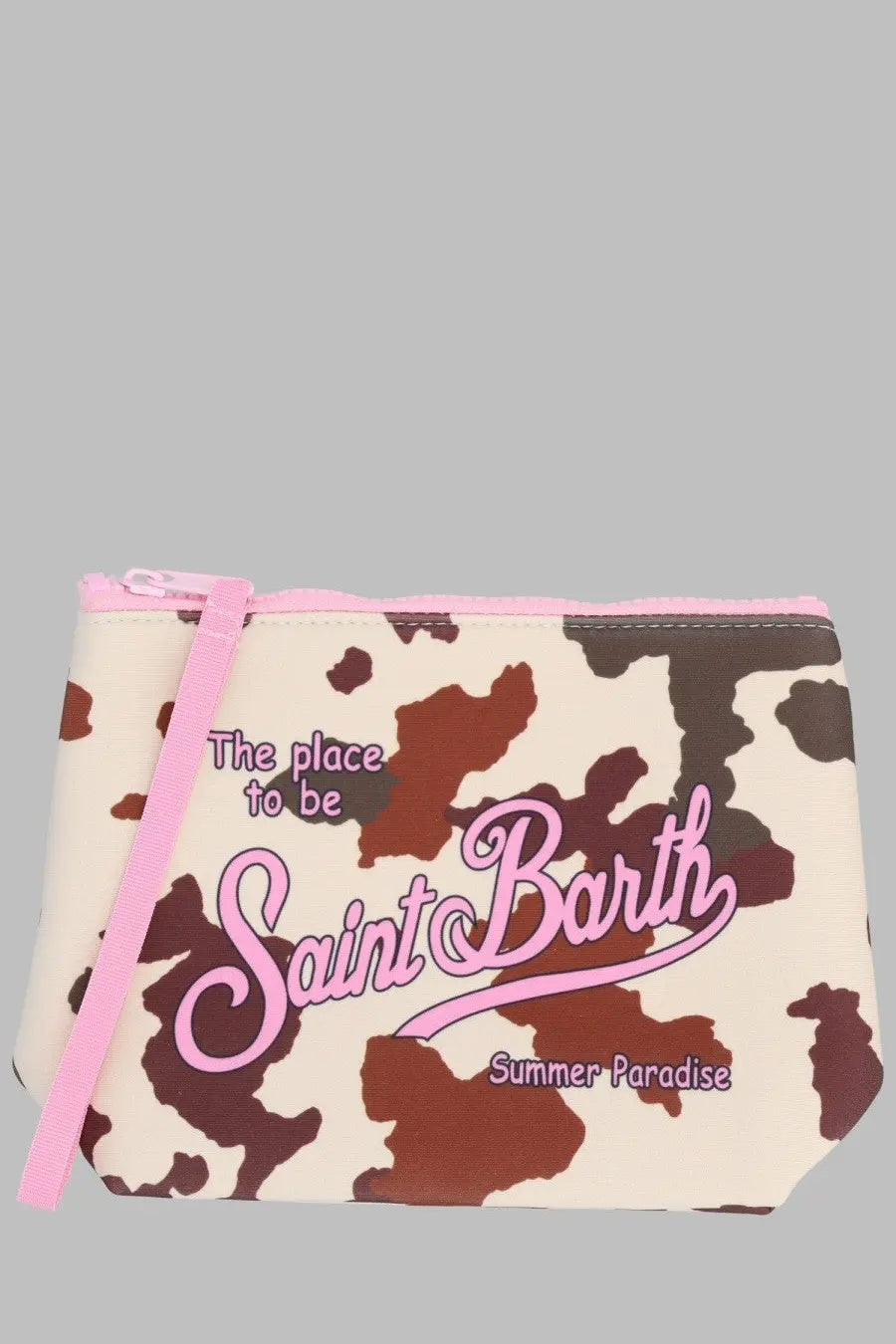 Mc2 saint barth men’s pochette aline multicolor pouch with pink and cream cow print and saint barth cursive script
