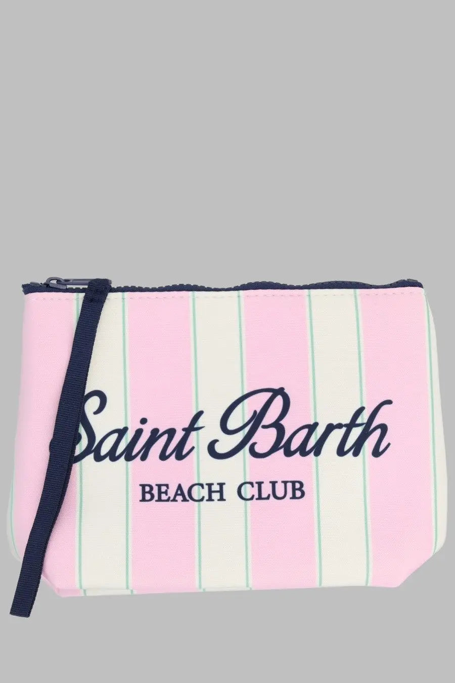 Mc2 Saint Barth men’s pochette Aline multicolor clutch in pink cream stripes with navy trim and Saint Barth Beach Club script
