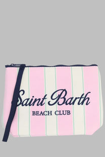 Mc2 Saint Barth men’s pochette Aline multicolor clutch in pink cream stripes with navy trim and Saint Barth Beach Club script