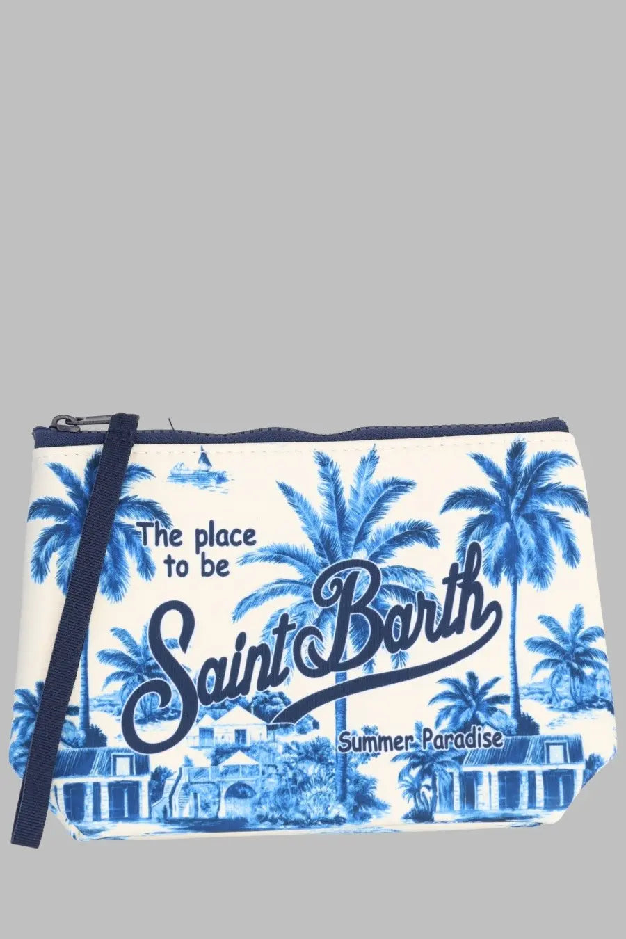 Mc2 Saint Barth men’s pochette Aline multicolor wristlet with white and blue tropical Saint Barth print and palm tree design